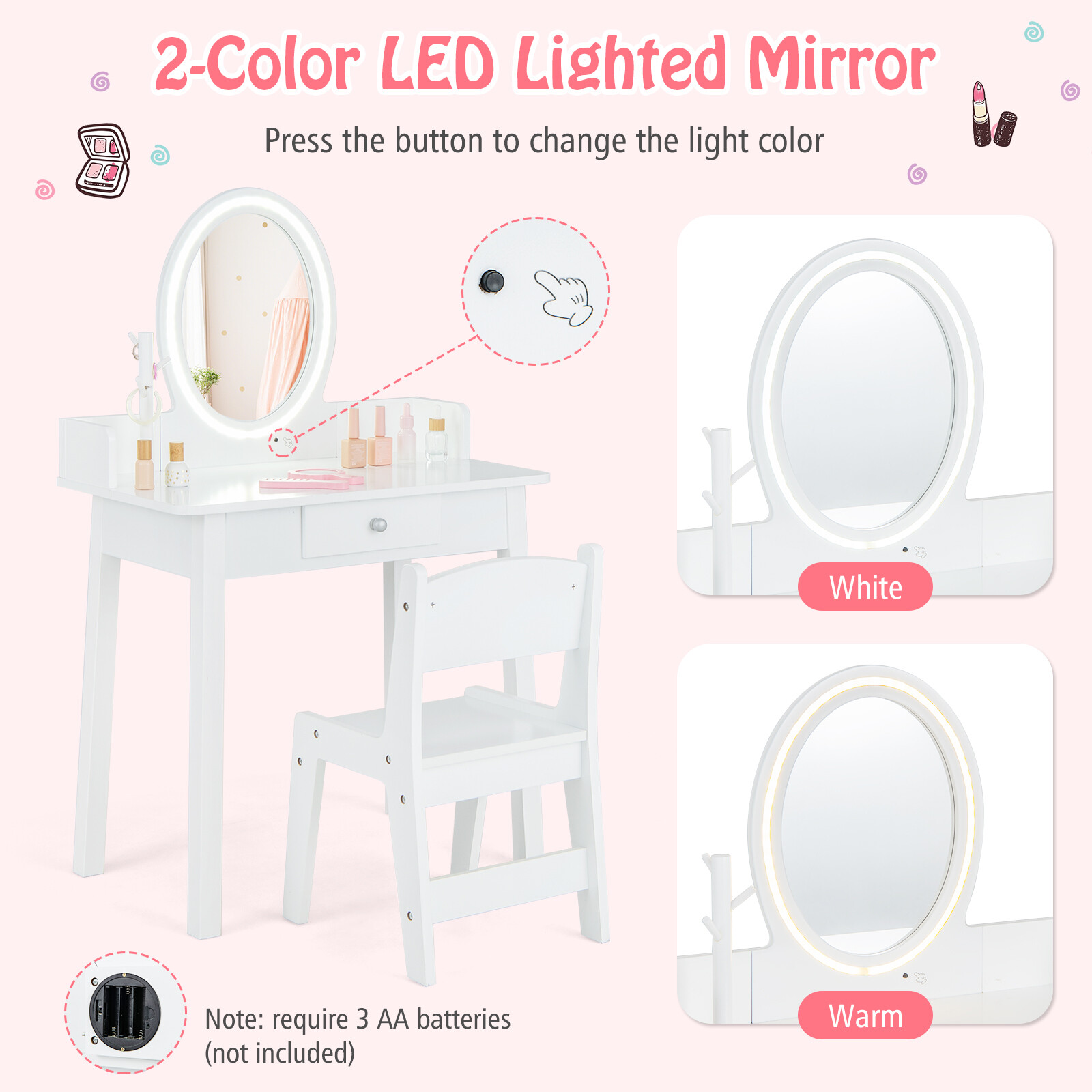 Laste meigilaud LED-valgusega valge