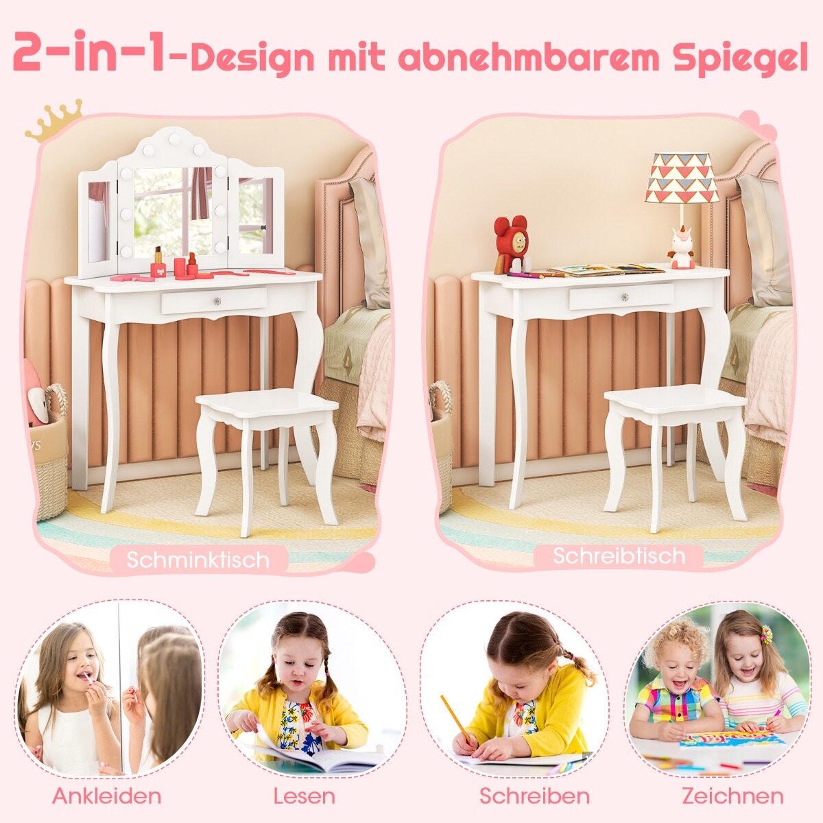 Laste 2in1 meigilaud LED-valgusega valge