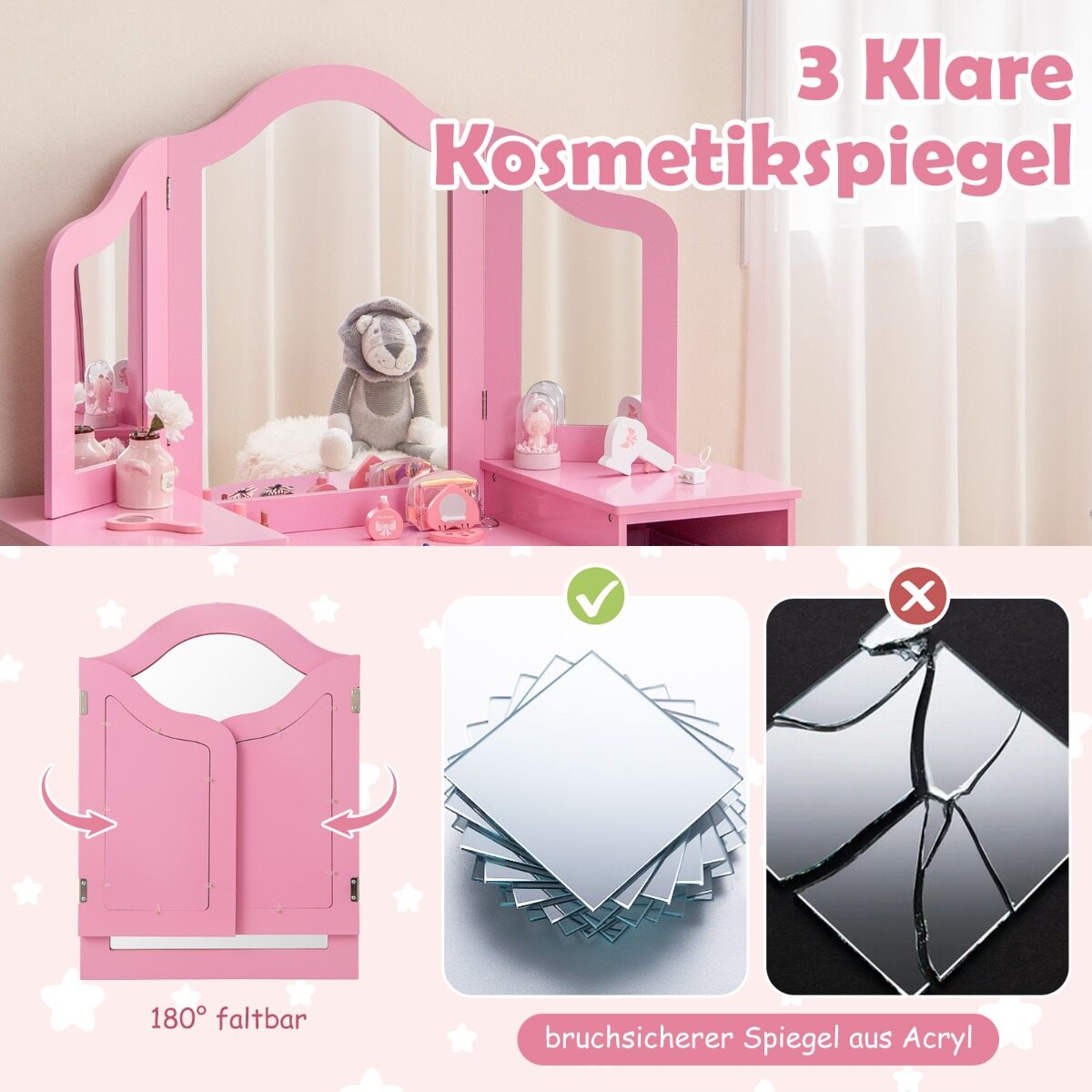 2-ühes printsessi meigilaud peeglitega, roosa