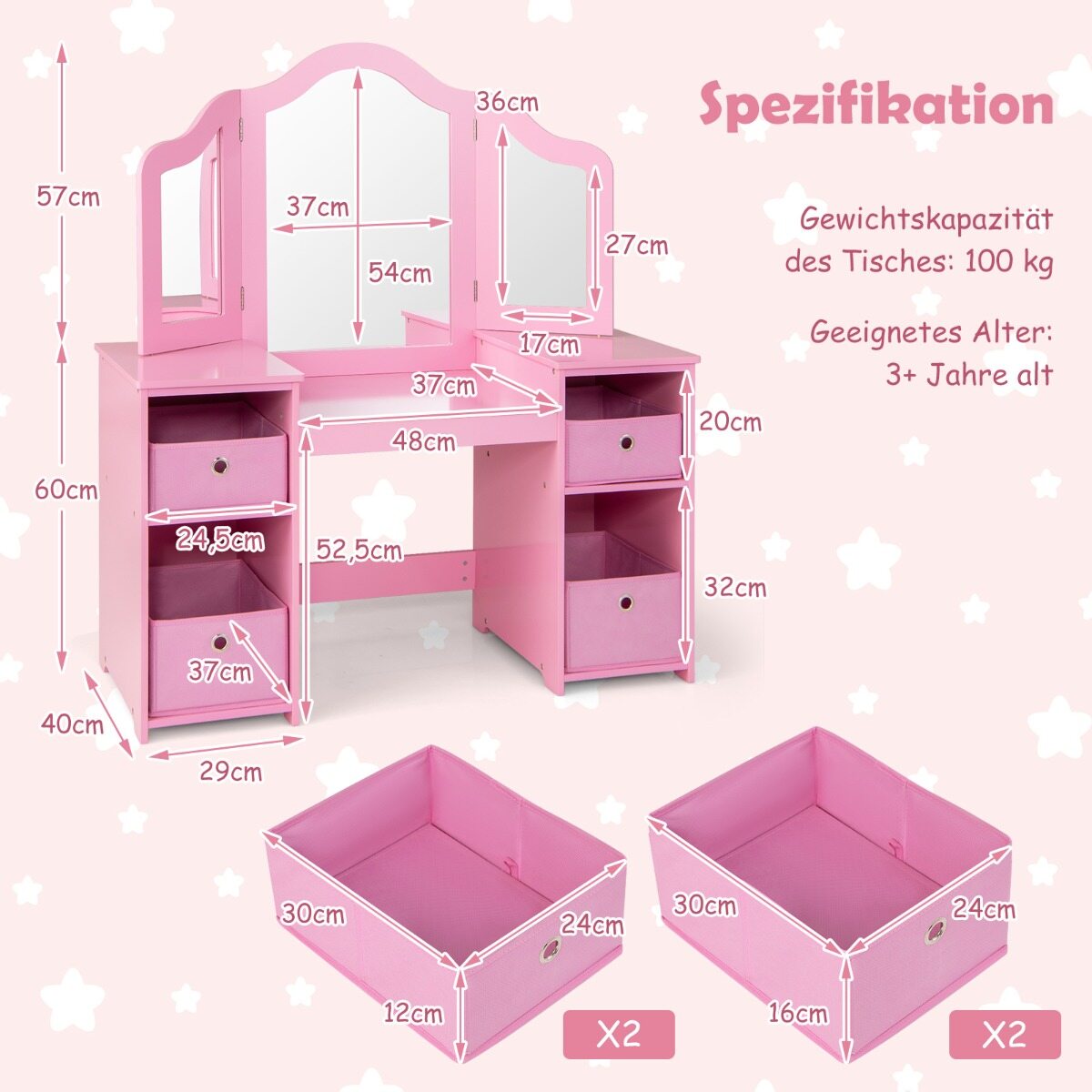 2-ühes printsessi meigilaud peeglitega, roosa