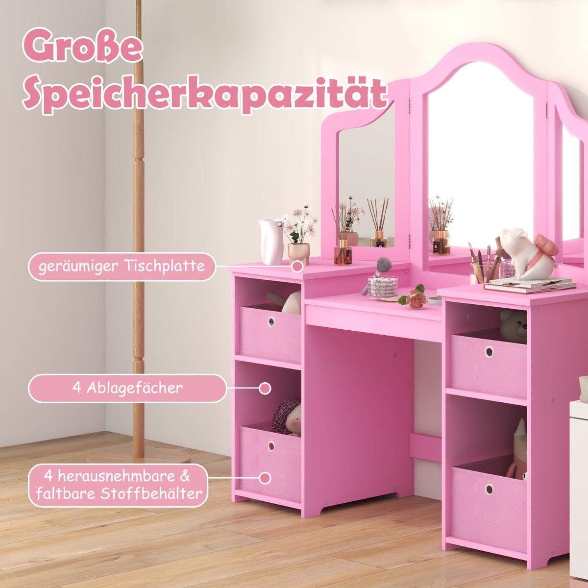 2-ühes printsessi meigilaud peeglitega, roosa
