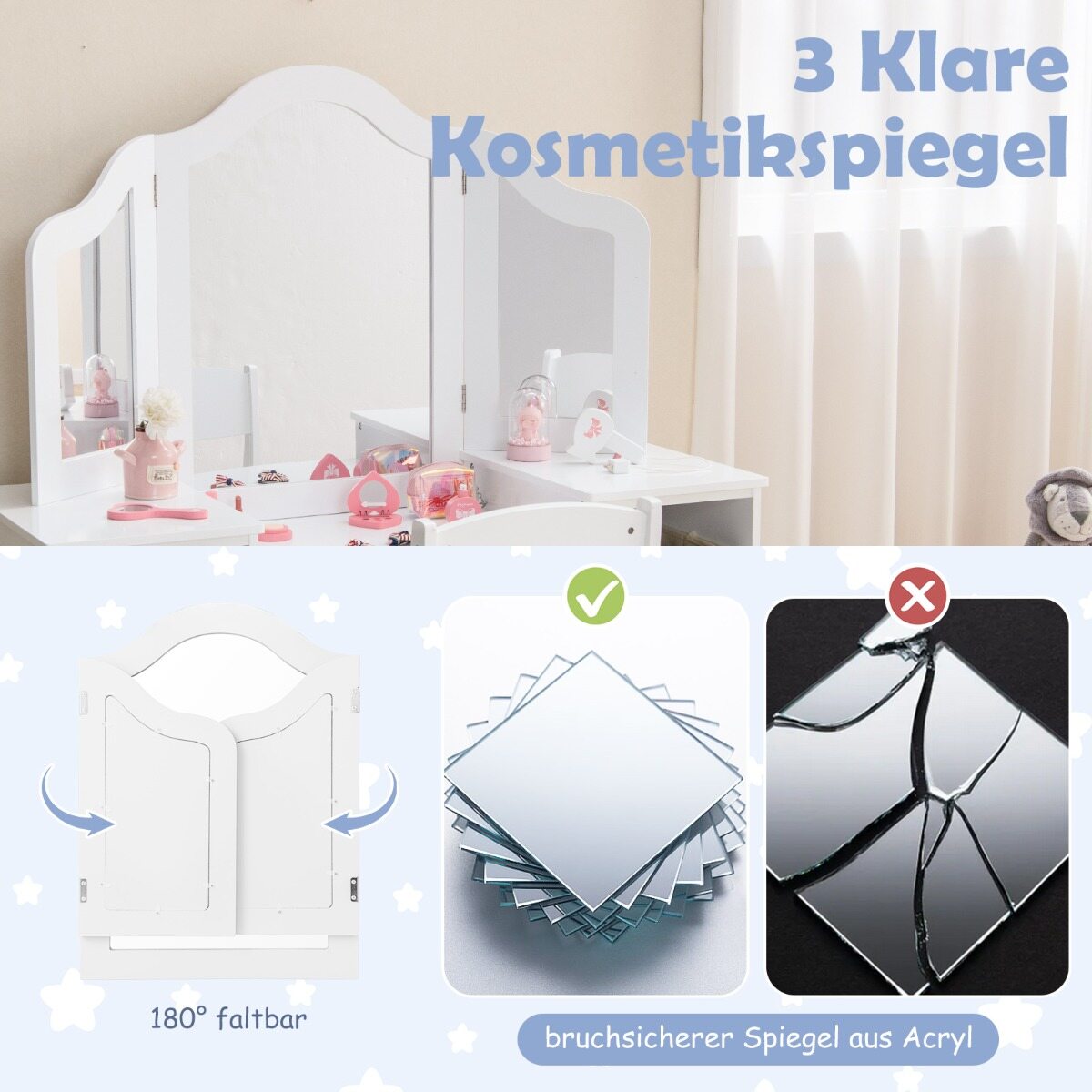 2-ühes printsessi meigilaud peeglitega, valge