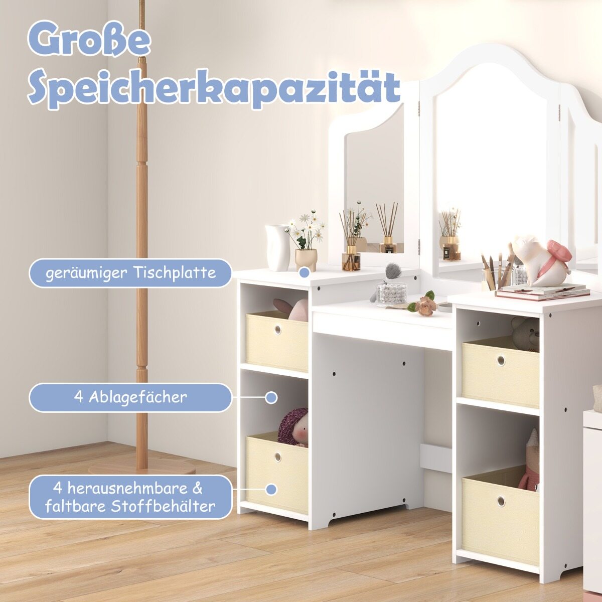 2-ühes printsessi meigilaud peeglitega, valge