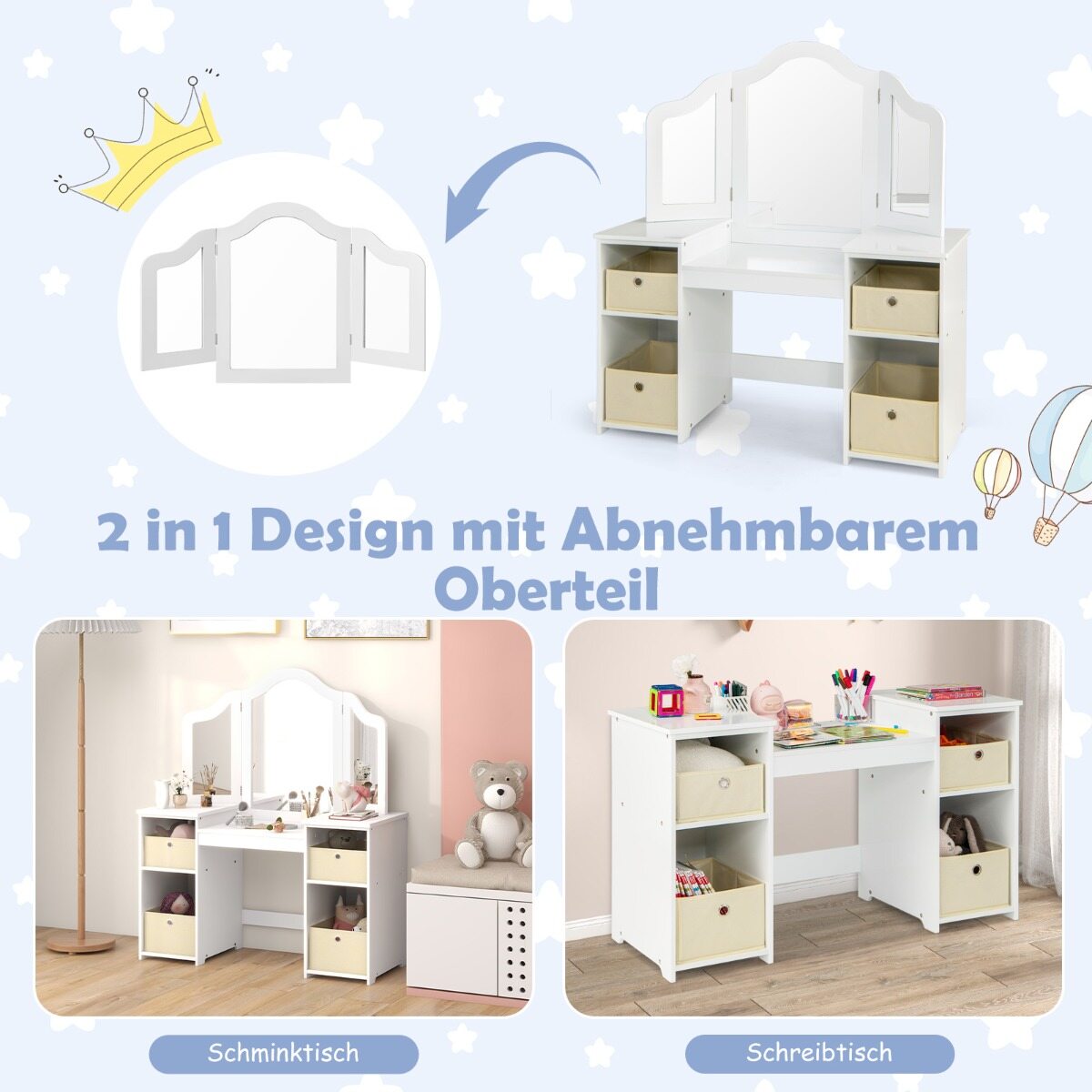 2-ühes printsessi meigilaud peeglitega, valge