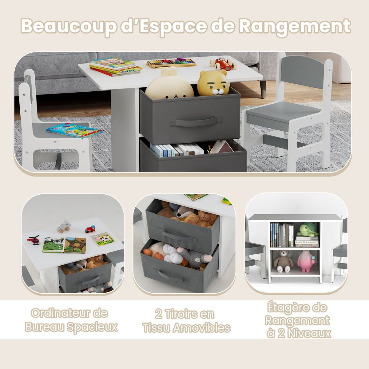 Laste laud ja 2 tooli komplekt, hall