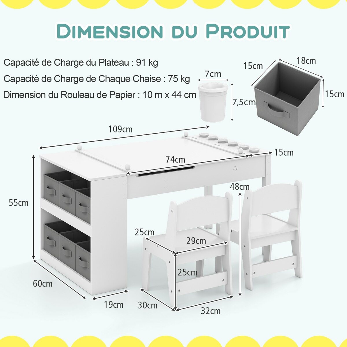 Laste kunstilaud ja easel komplekt 2 tooliga, valge