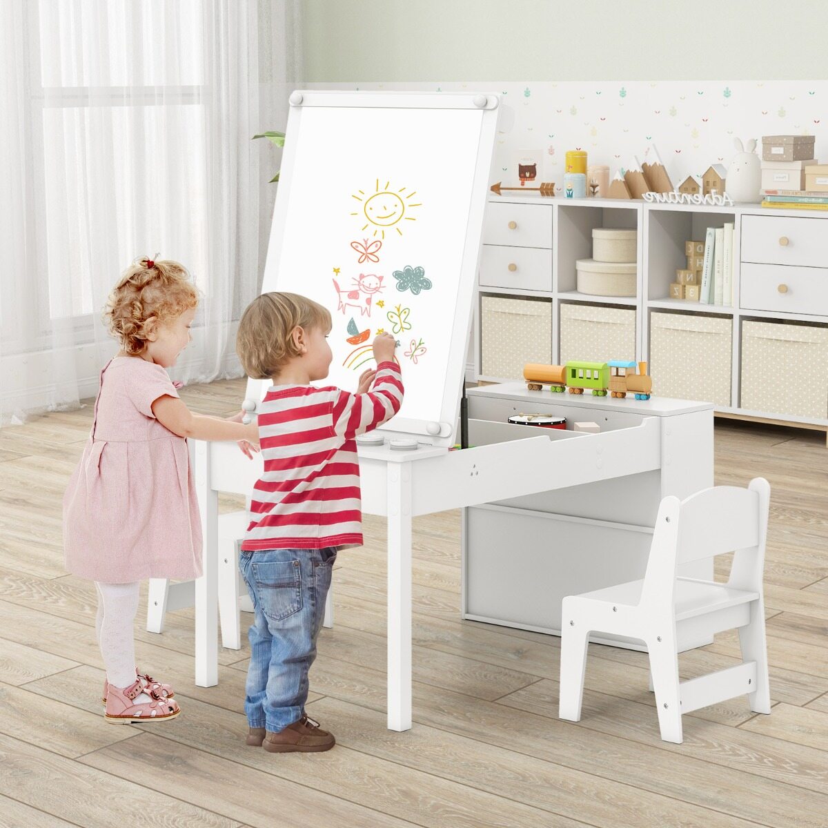 Laste kunstilaud ja easel komplekt 2 tooliga, valge