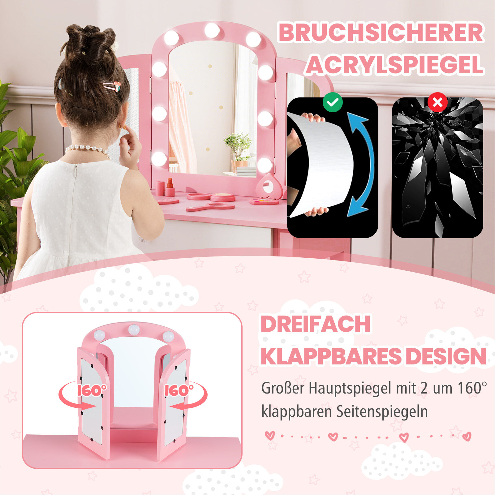 Laste Meigilaud 2-ühes, Eemaldatava Peegel, Roosa