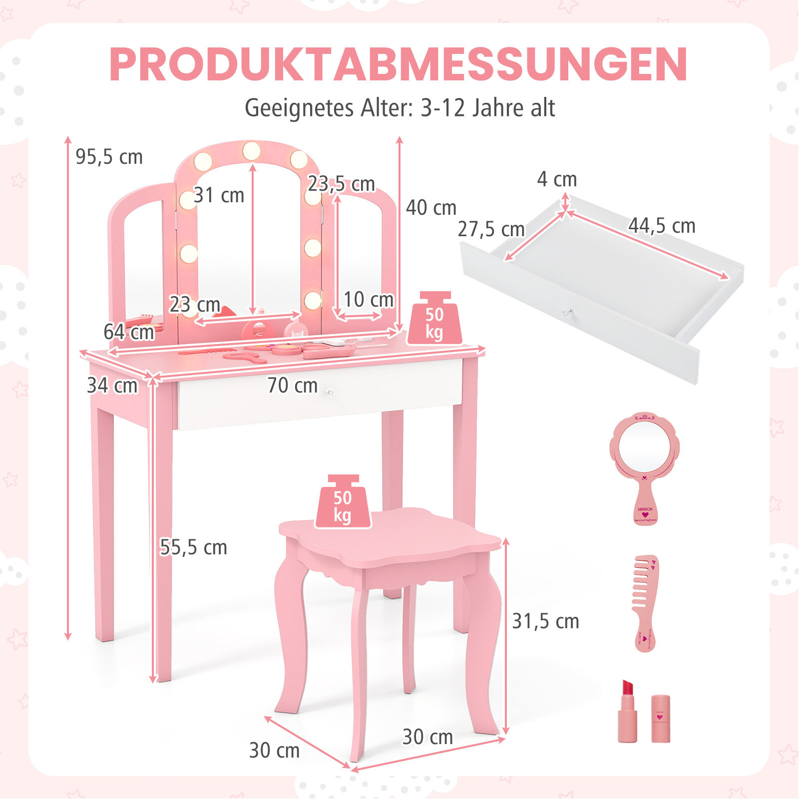 Laste Meigilaud 2-ühes, Eemaldatava Peegel, Roosa