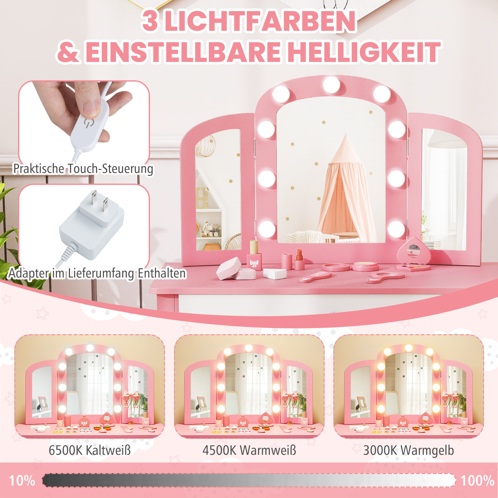 Laste Meigilaud 2-ühes, Eemaldatava Peegel, Roosa