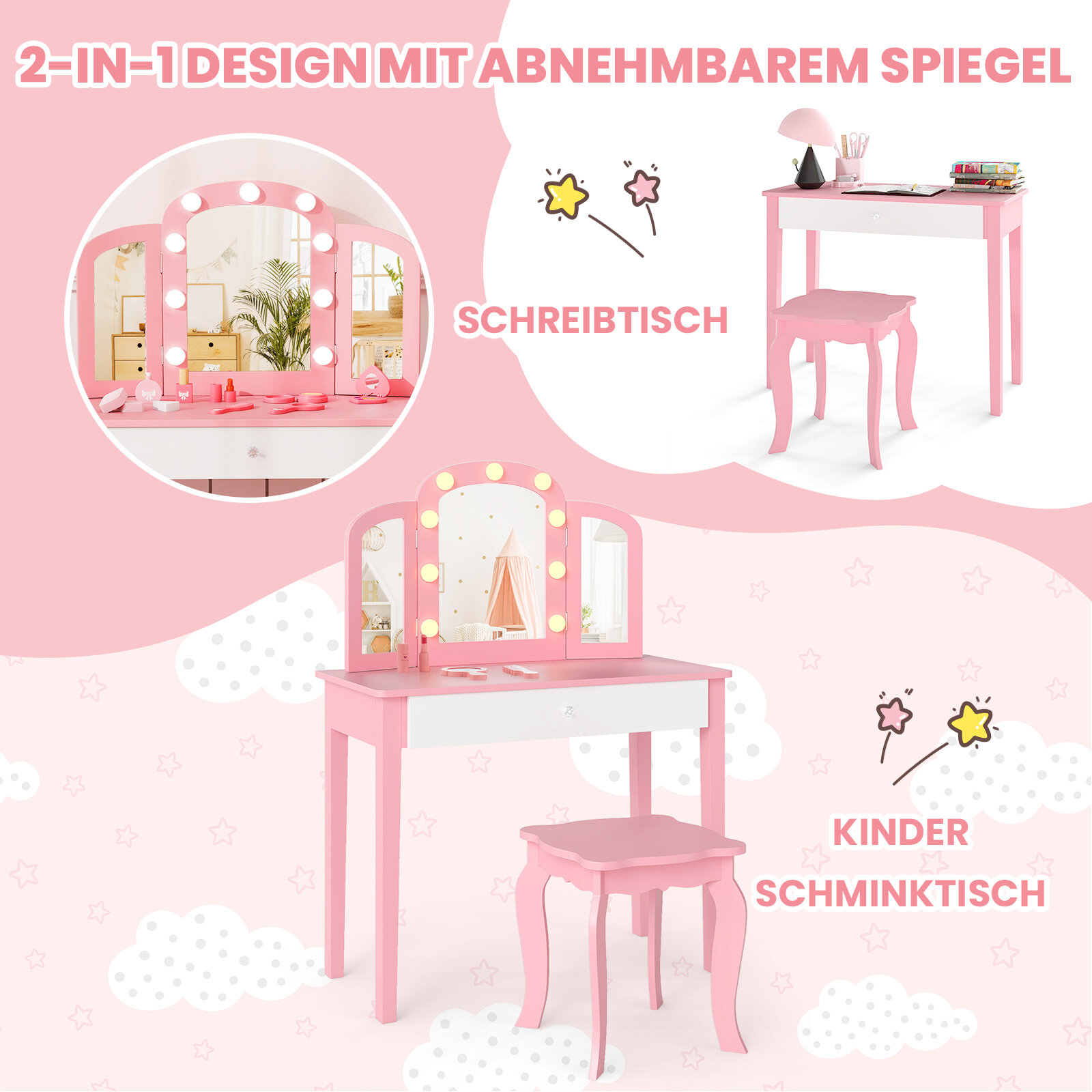 Laste Meigilaud 2-ühes, Eemaldatava Peegel, Roosa