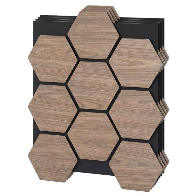 4-osaline akustiline seinapaneel 81×66 cm, 9 kuusnurkset puidust plaati