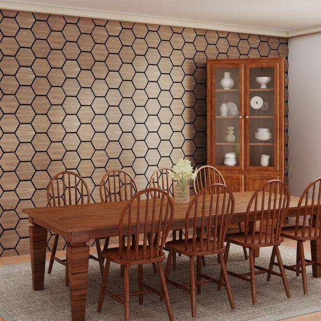 4-osaline akustiline seinapaneel 81×66 cm, 9 kuusnurkset puidust plaati