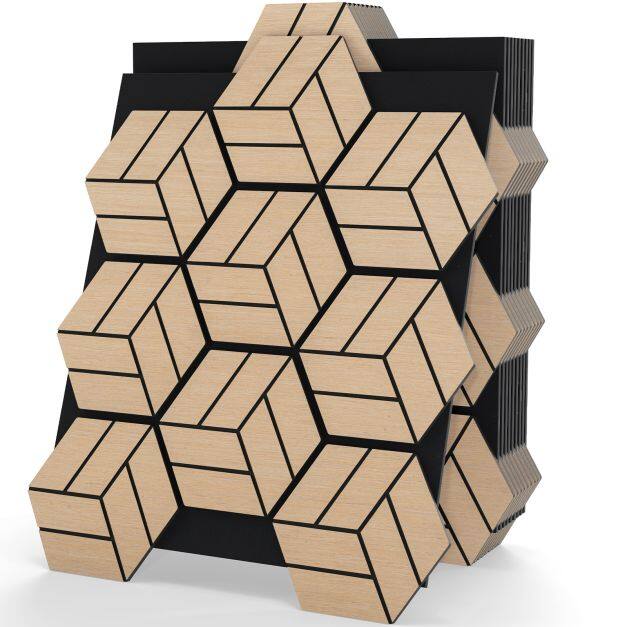 4-osaline akustiline seinapaneel 81×66 cm, 9 kuusnurkset puidust plaati