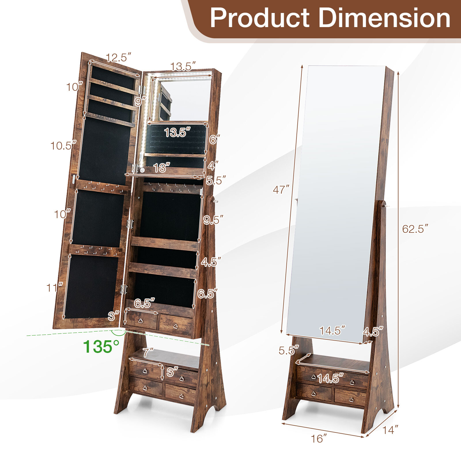 Vaba seisev LED peegliga ehetekapp 6 sahtliga, Rustic Brown