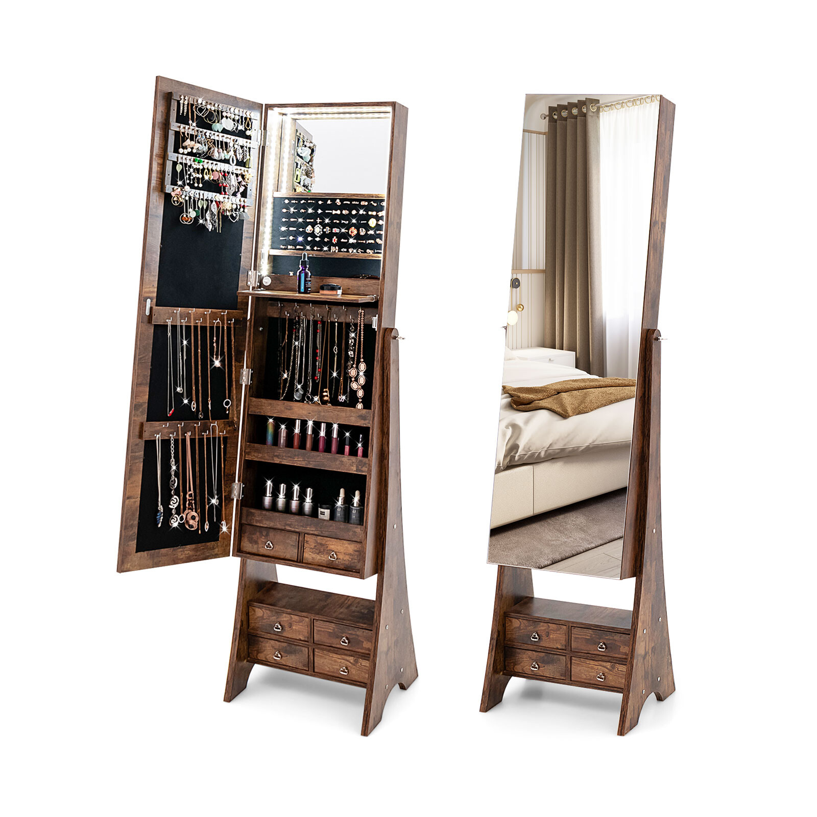 Vaba seisev LED peegliga ehetekapp 6 sahtliga, Rustic Brown