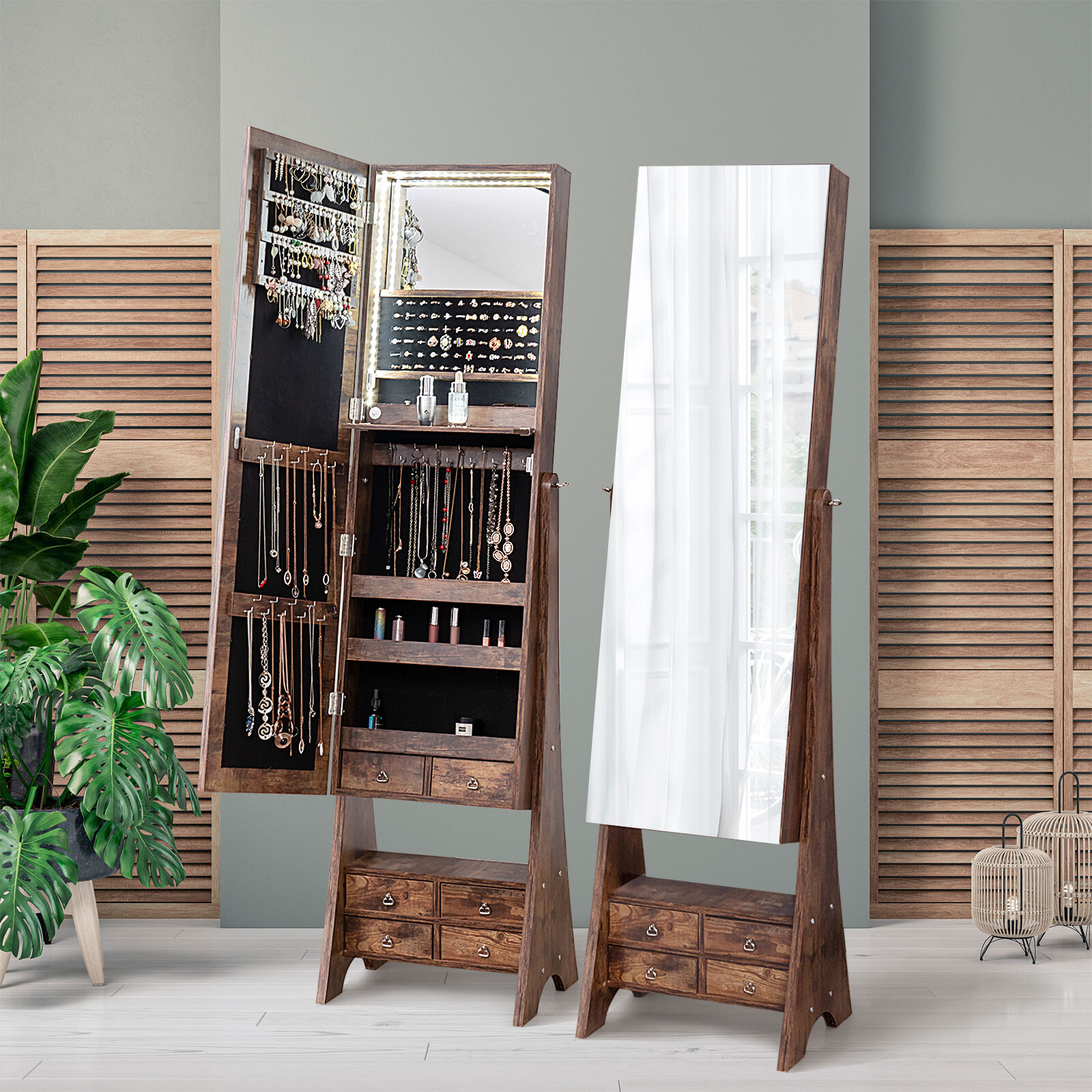 Vaba seisev LED peegliga ehetekapp 6 sahtliga, Rustic Brown