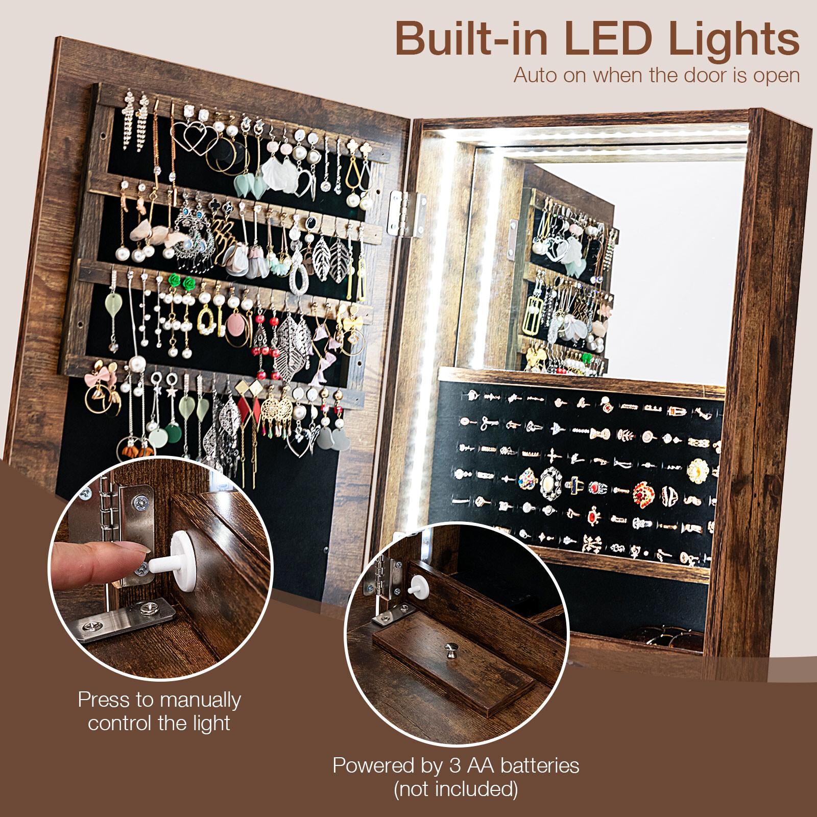 Vaba seisev LED peegliga ehetekapp 6 sahtliga, Rustic Brown