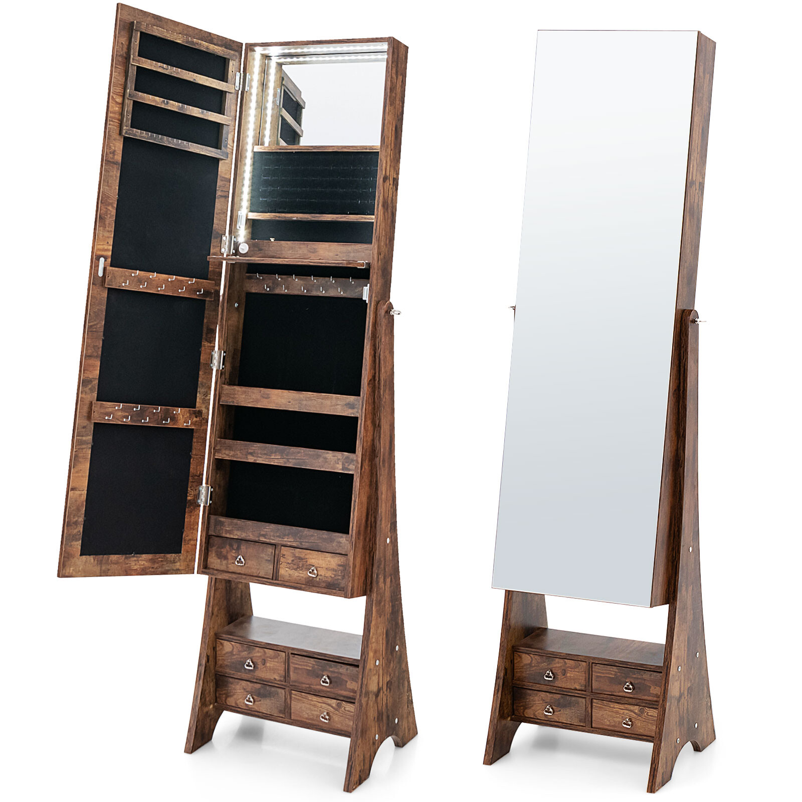 Vaba seisev LED peegliga ehetekapp 6 sahtliga, Rustic Brown