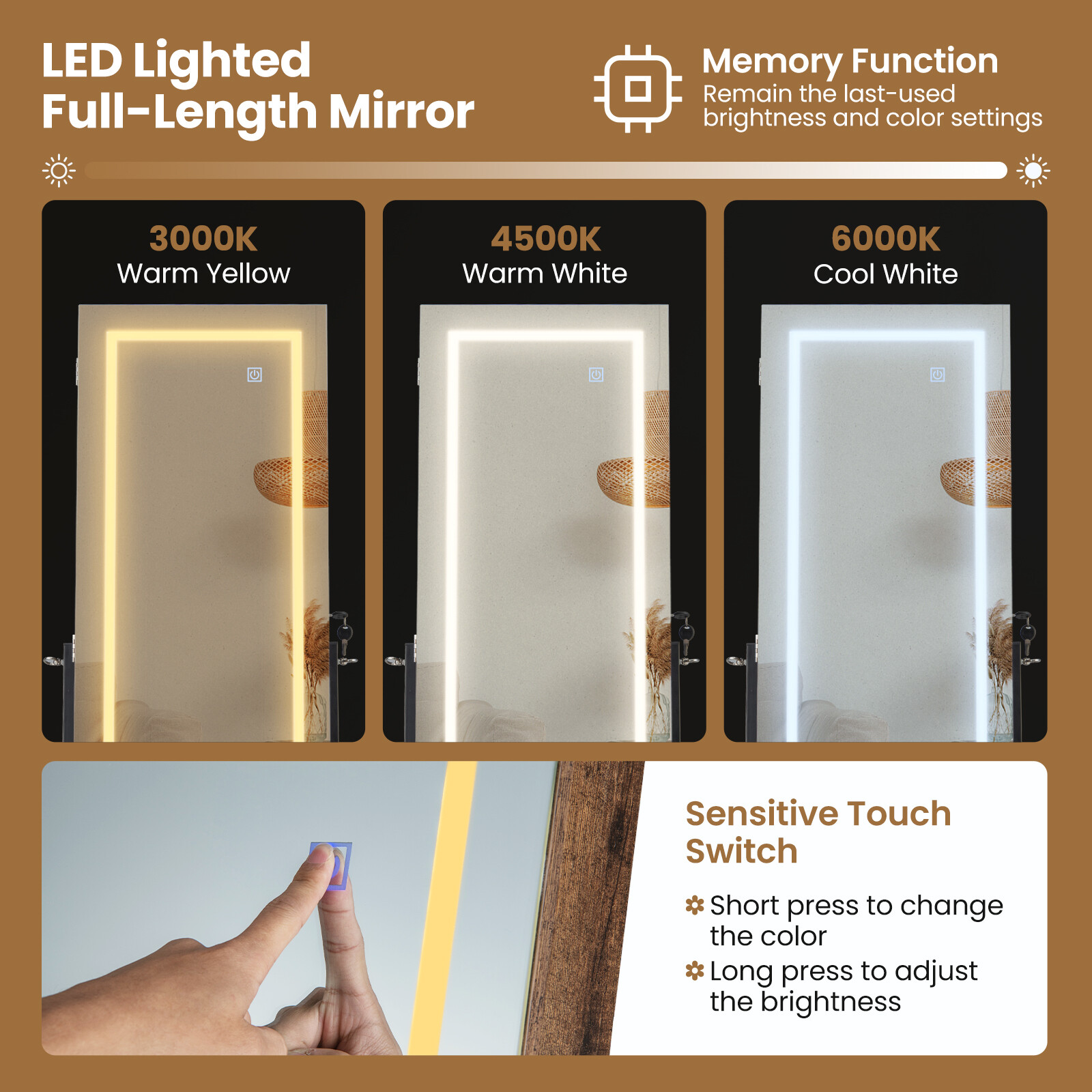 LED Ehtekapp Peegliga 3-Värvilise Valgustusega Pruun