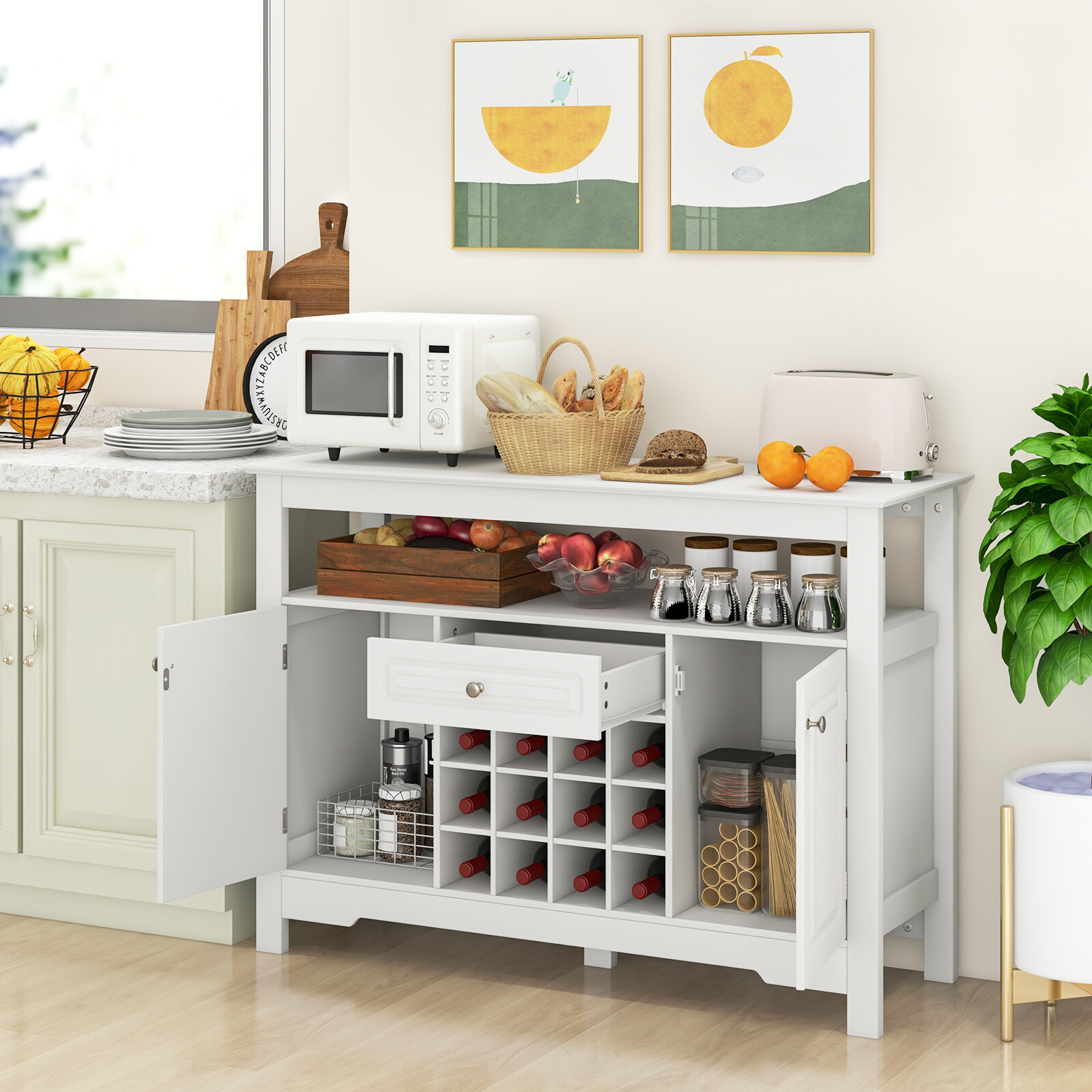 Valge Buffet-Kapp Veiniriiuli ja Sahtliga 115,5×40,6×82,5 cm
