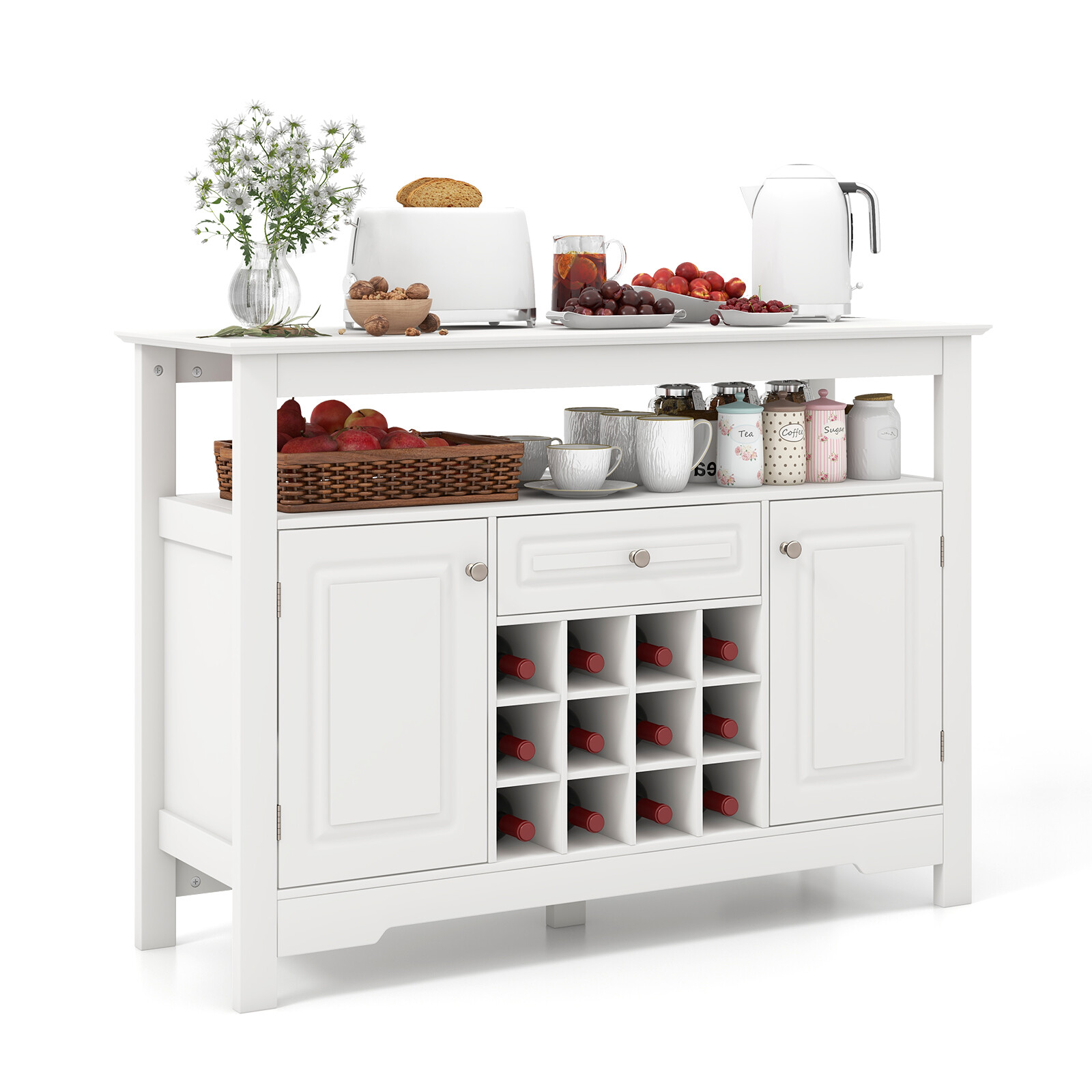 Valge Buffet-Kapp Veiniriiuli ja Sahtliga 115,5×40,6×82,5 cm