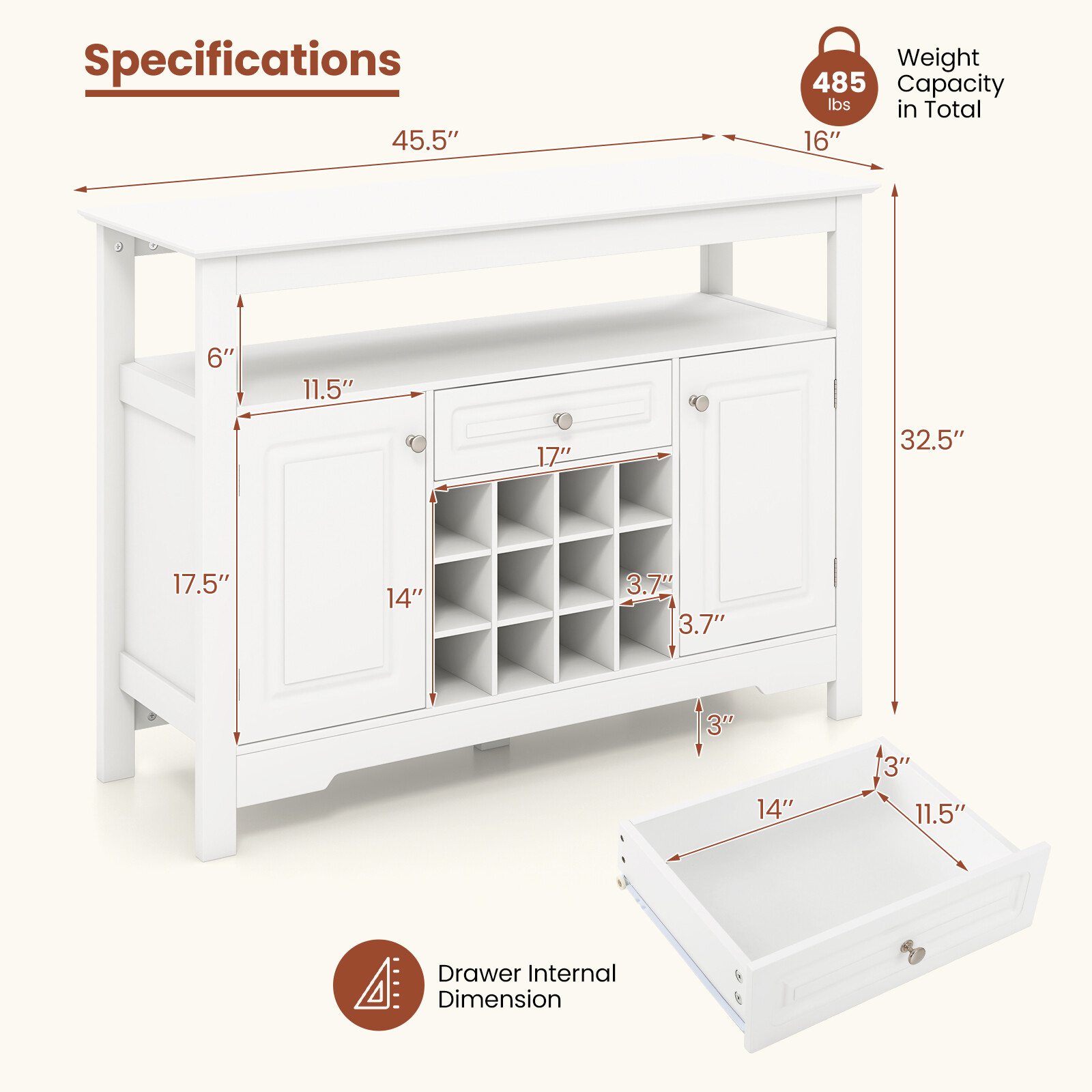 Valge Buffet-Kapp Veiniriiuli ja Sahtliga 115,5×40,6×82,5 cm
