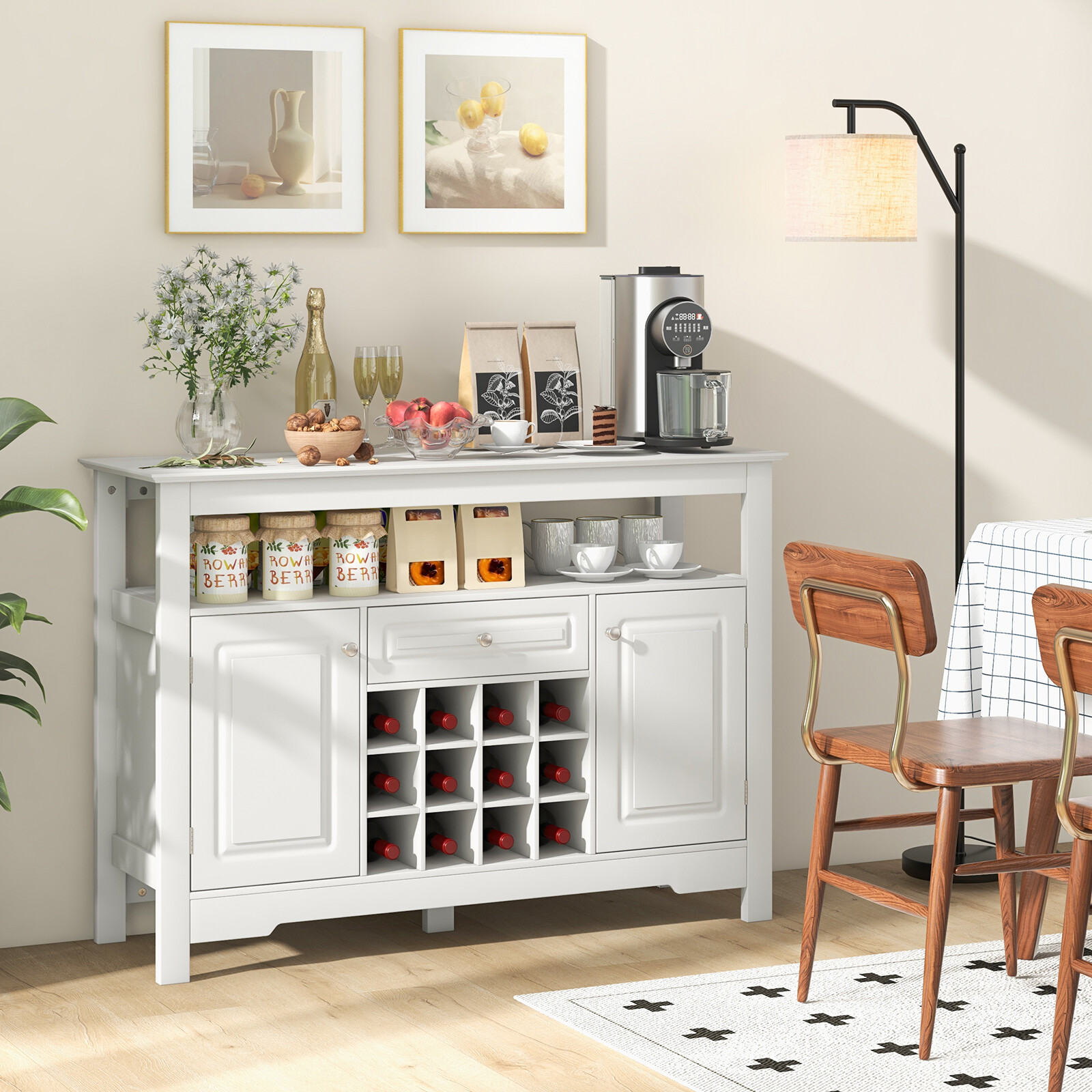 Valge Buffet-Kapp Veiniriiuli ja Sahtliga 115,5×40,6×82,5 cm