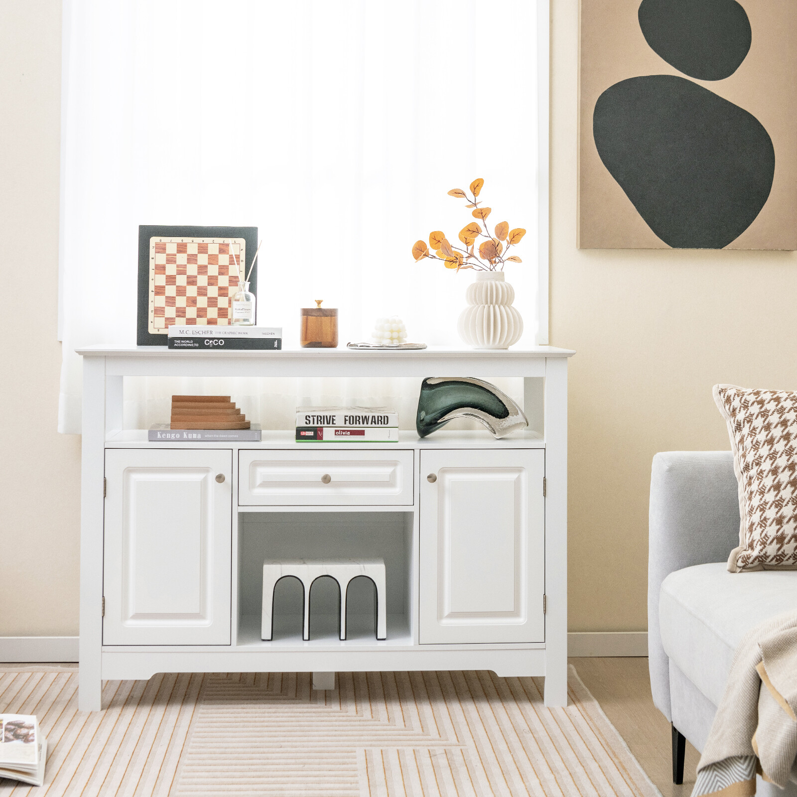 Valge Buffet-Kapp Veiniriiuli ja Sahtliga 115,5×40,6×82,5 cm
