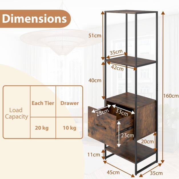 5-korruseline kitsas raamaturiiul sahtliga, Rustic Brown