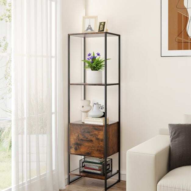 5-korruseline kitsas raamaturiiul sahtliga, Rustic Brown
