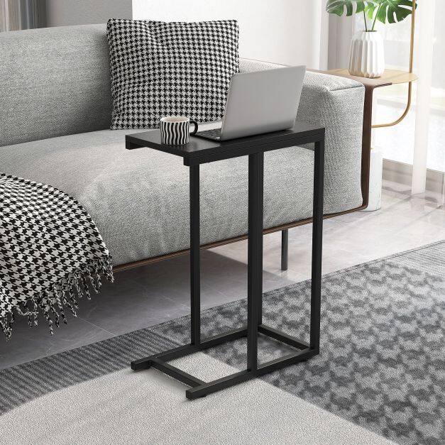 C-kujuline diivanilaud ja voodilauake 64cm metallraamiga, rustikaalne tamm, must
