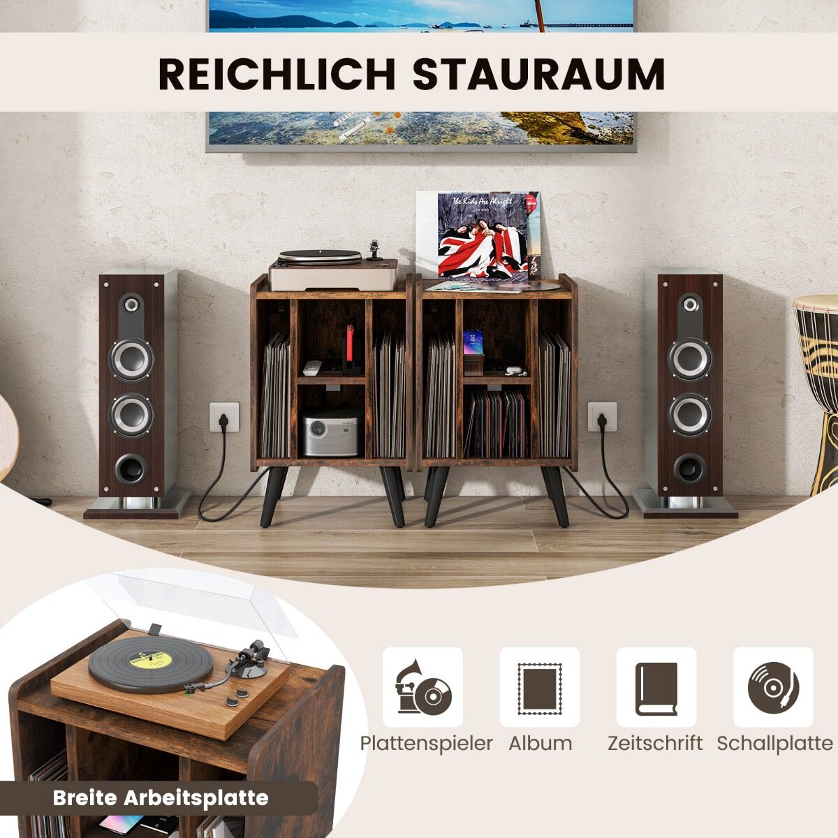Vinüülplaadi mängija alus 4 avatud riiuliga 43 × 34,5 × 67,5 cm kohvipruun