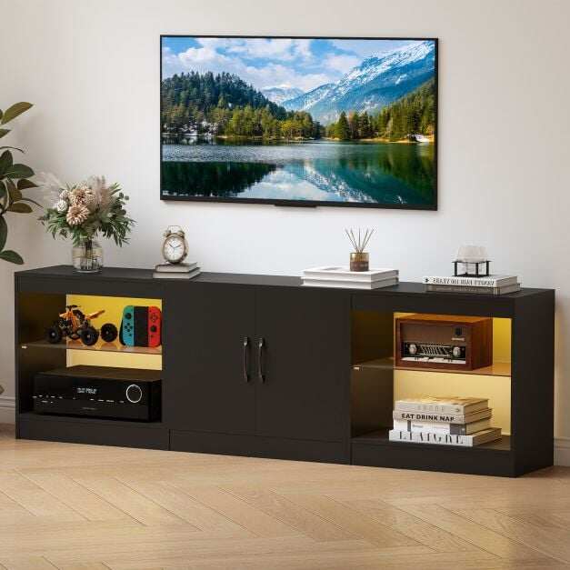 Moodultelekas 85″ telerile, LED-valgusega, reguleeritavate klaasriiulitega, must