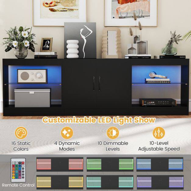 Moodultelekas 85″ telerile, LED-valgusega, reguleeritavate klaasriiulitega, must