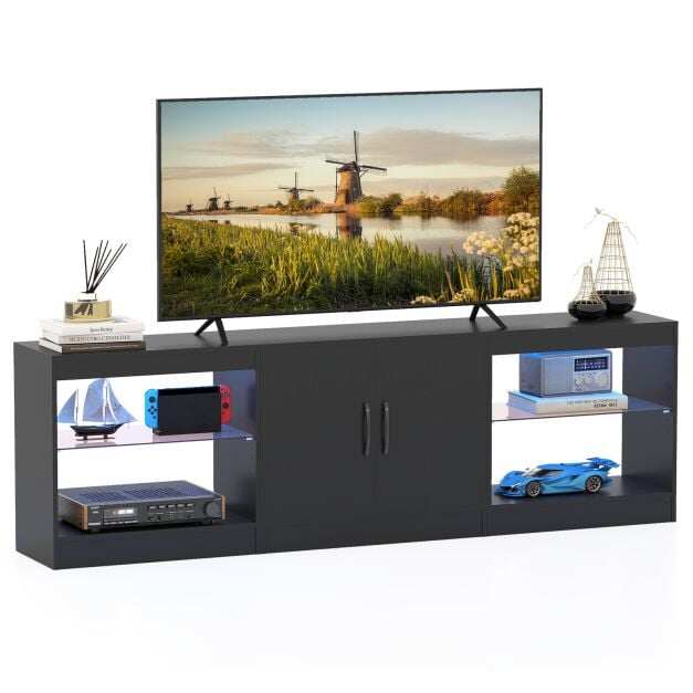 Moodultelekas 85″ telerile, LED-valgusega, reguleeritavate klaasriiulitega, must