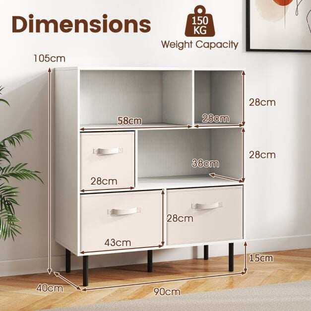 Raamatukapp 3 kangaskorviga, 90 × 40 × 105 cm, valge