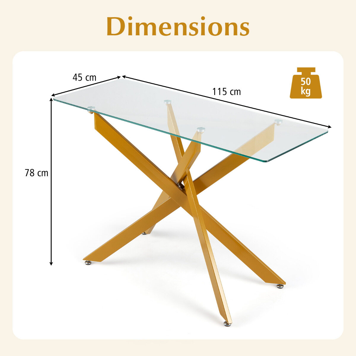 Kuldne klaasist konsoollaud 115x45x78 cm