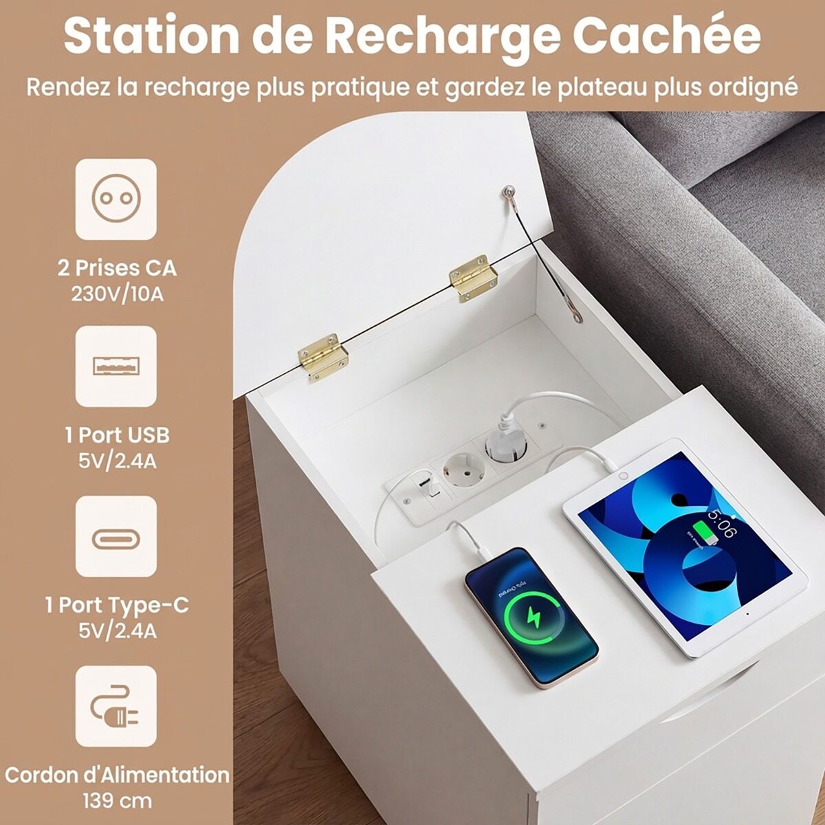 Öökapp integreeritud pistikupesadega, reguleeritava riiuli ja sahtliga, USB-C, 60x35x62 cm, valge