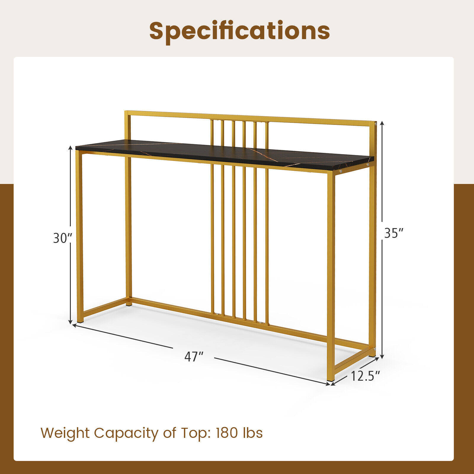 Konsoollaud 120 cm baffle-tahvliga, must kuldse raamiga