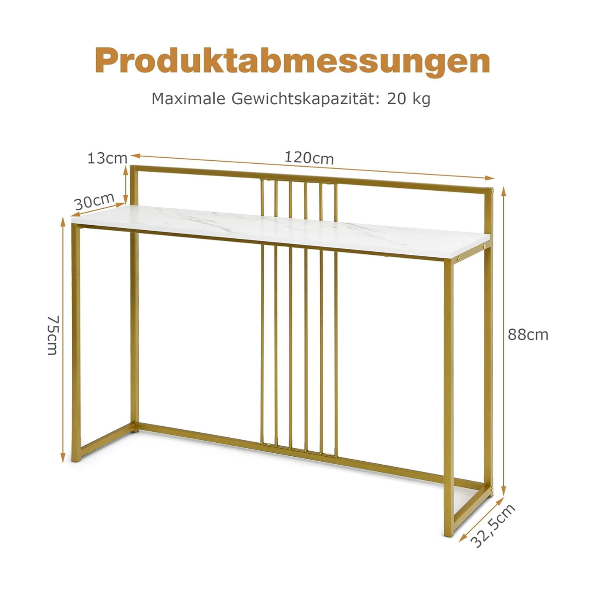 Konsoollaud 120 cm valge kunstmarmorist lauaplaadiga kuldse raamiga