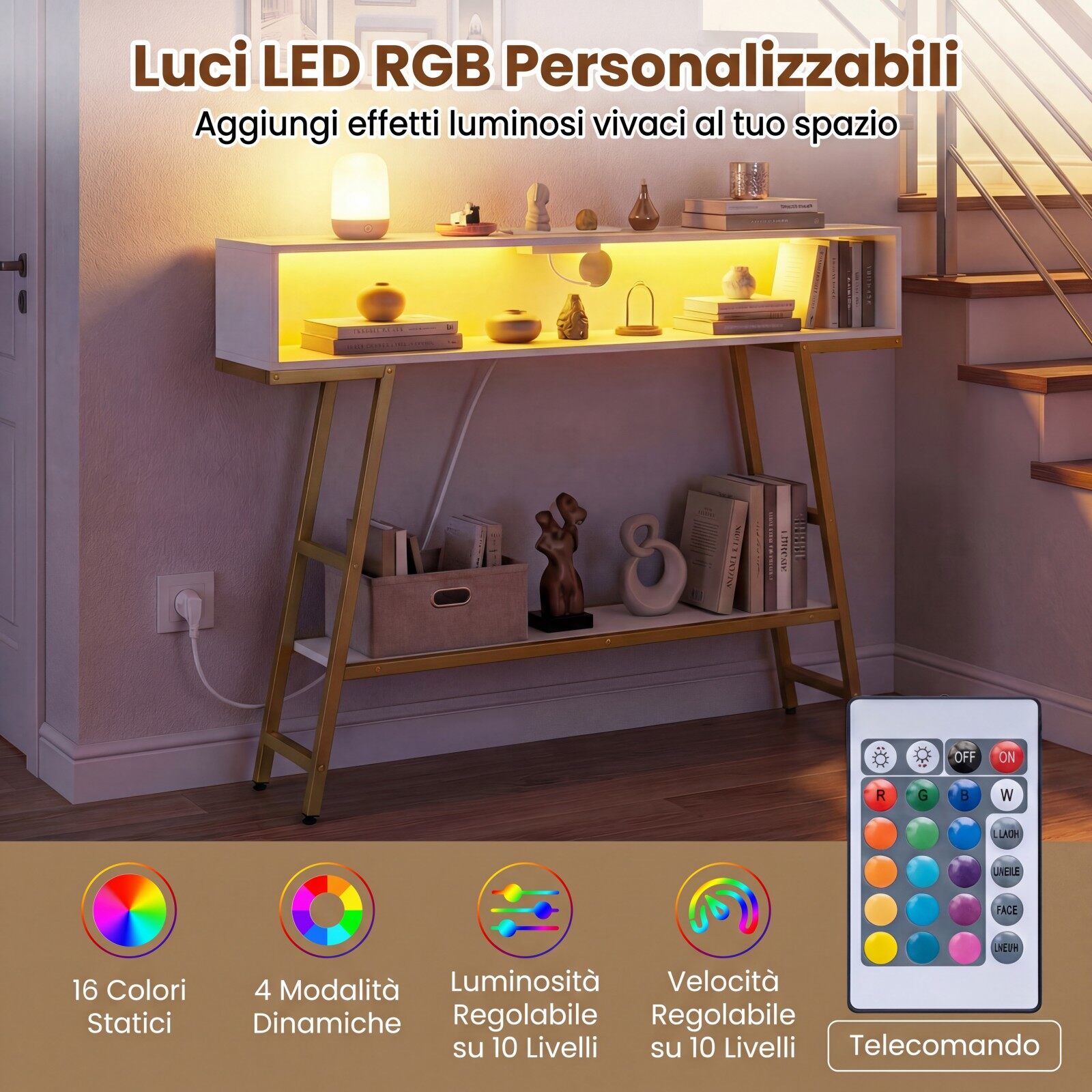 LED-valgustusega ja 3-korruseline laadimisjaamaga konsoollaud 100x20x86.5cm, valge
