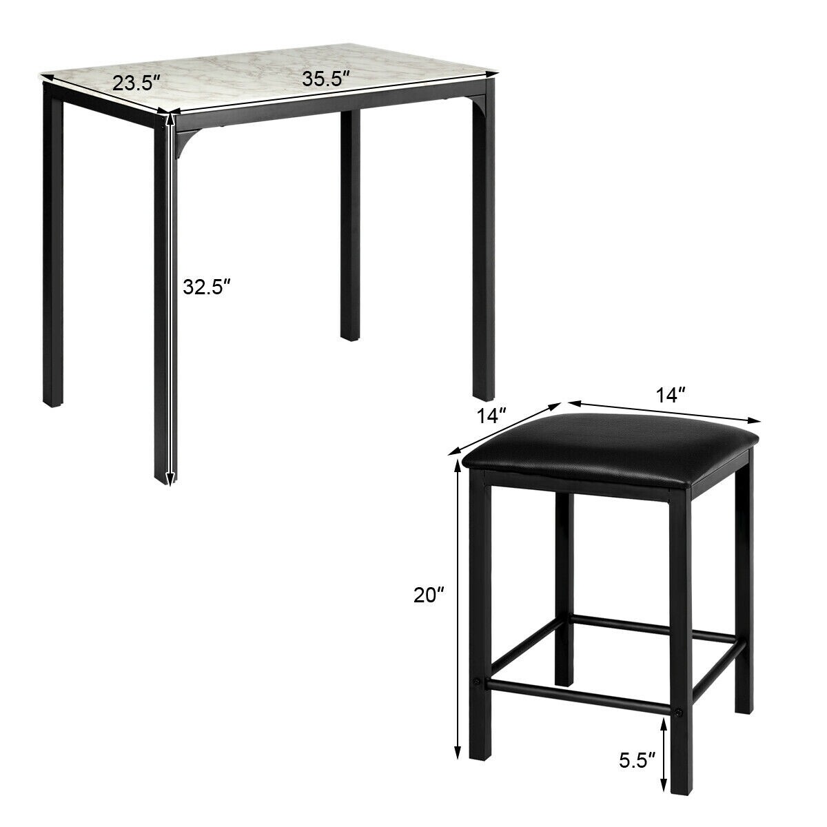 3-Osaline söögilauakomplekt marmoritahvliga, valge laud + mustad toolid