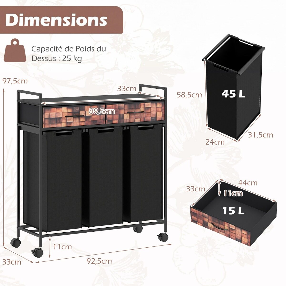 3-osa Pesukorv Rattaga 135L Pruun