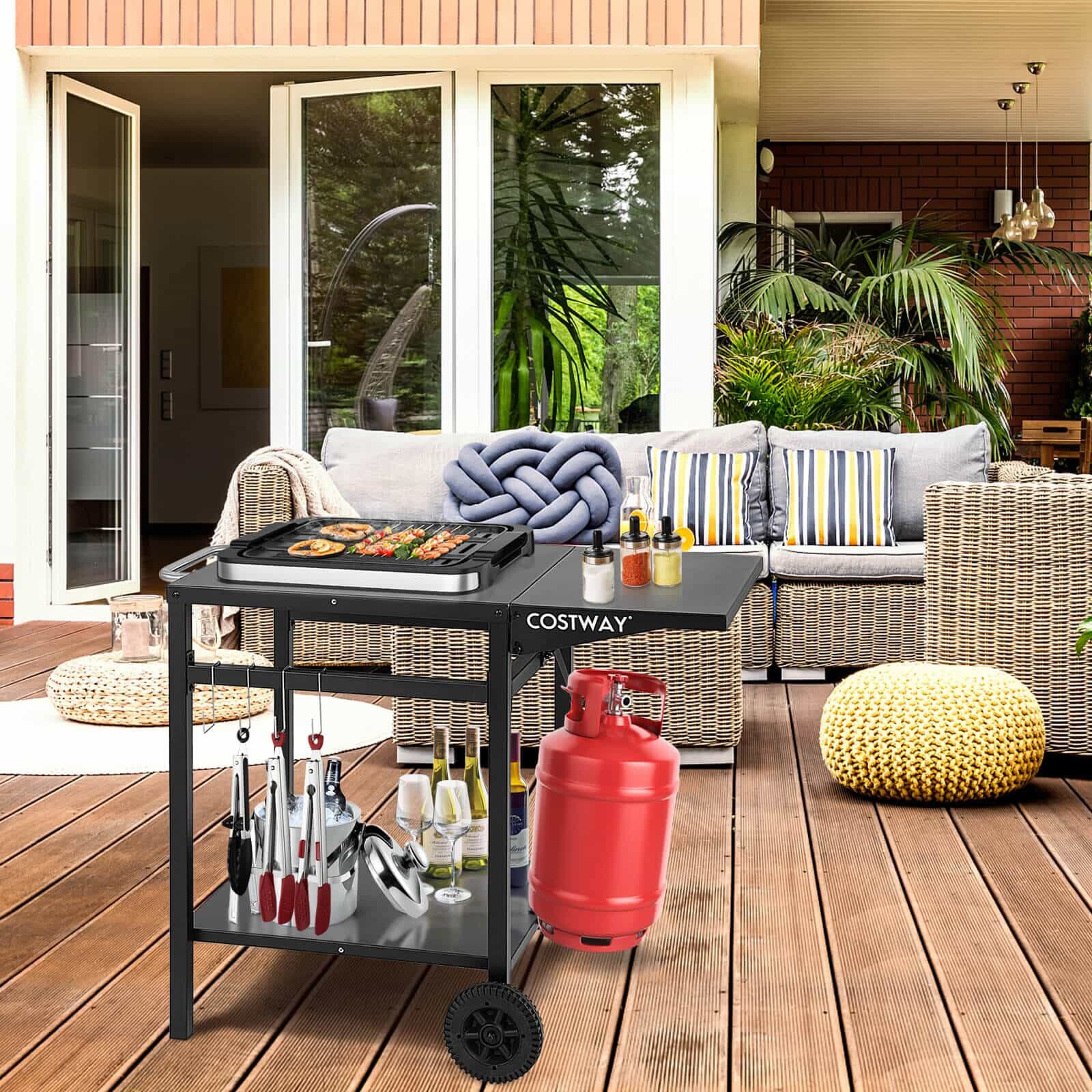 Liigutatav kahe riiuliga söögikäru kokkupandava lauaga