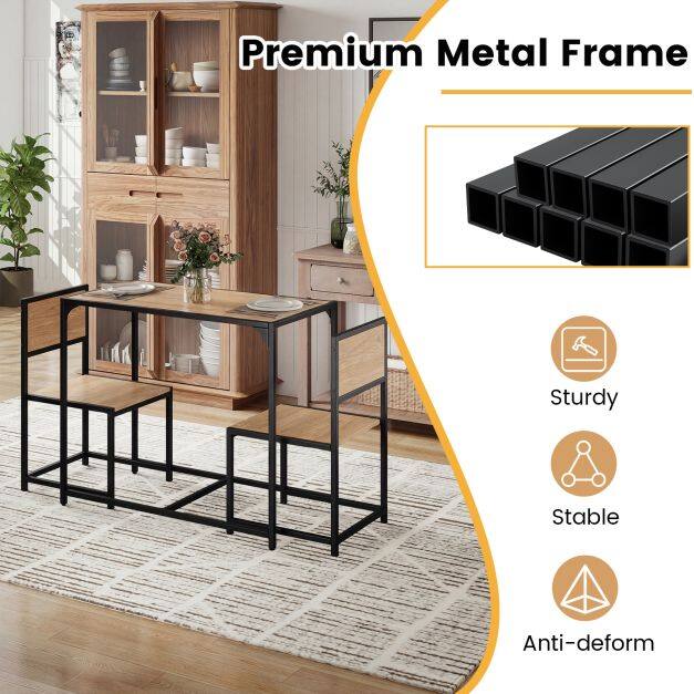 3-osaline söögilauakomplekt metallraamiga ja madala seljatoega naturaalne