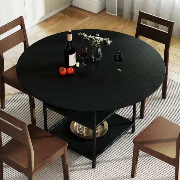 Ümmargune söögilaud 120cm 4-6 inimesele, talumaja stiilis köögilaud kahe avatud riiuliga, must metallraam