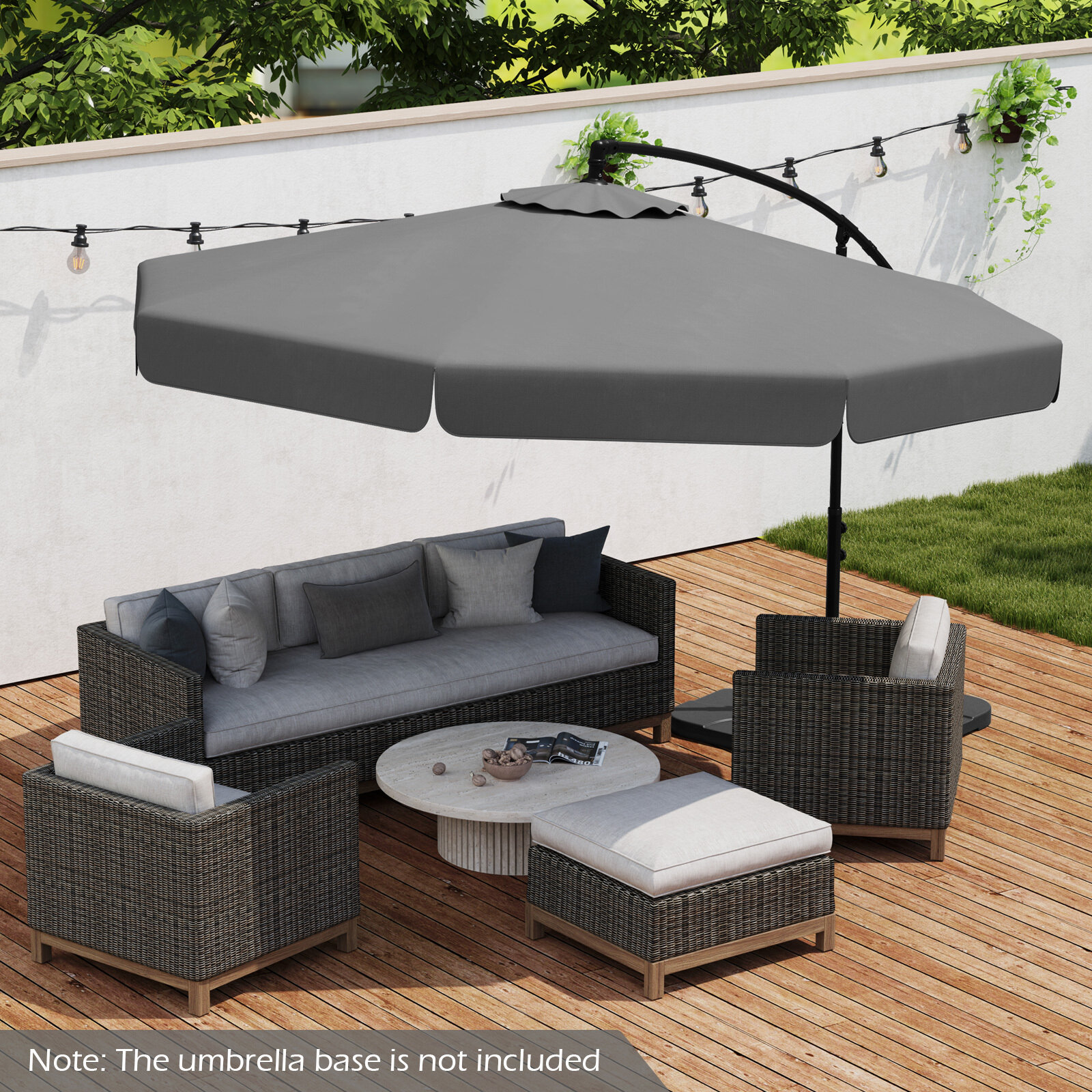 290 cm terrassis külgvarjuga päikesevari, hall, volangäärega