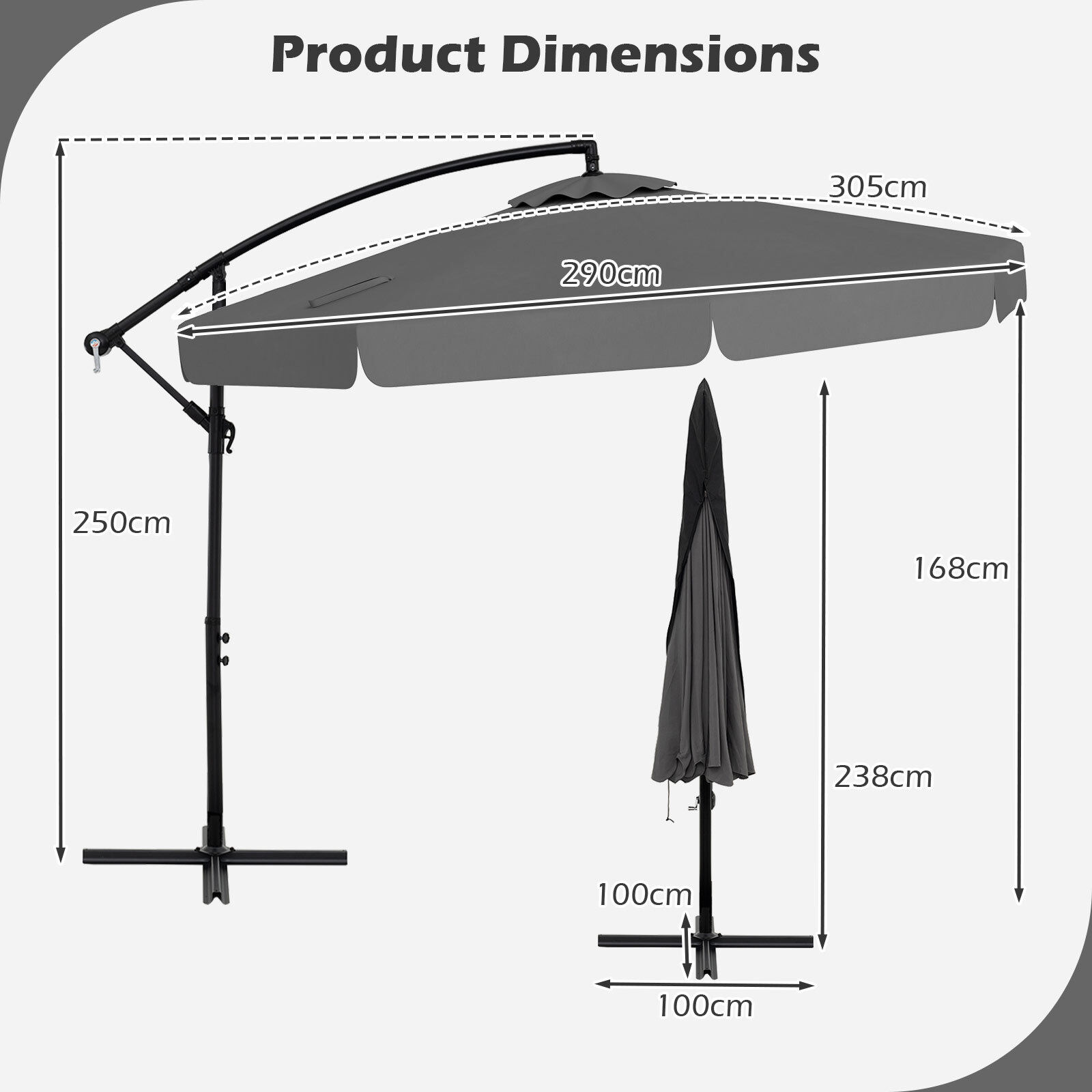 290 cm terrassis külgvarjuga päikesevari, hall, volangäärega