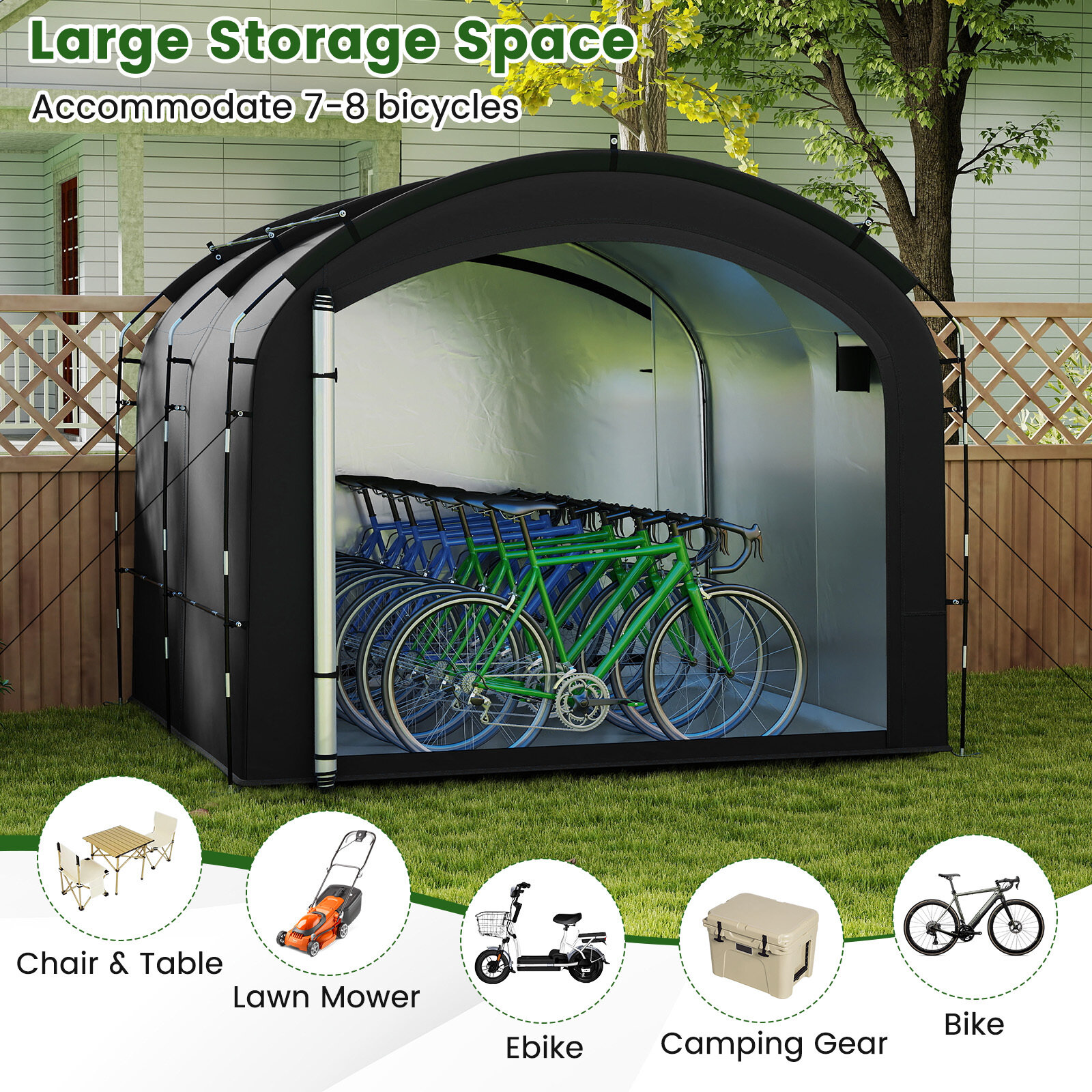 Jalgrattahoiu telk 254 × 215 × 192 cm veekindla hõbedase kangaga, must